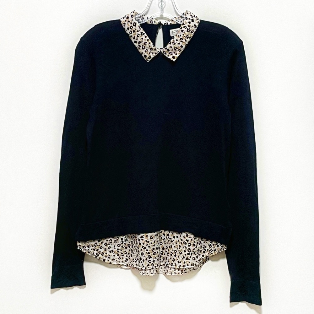 J. Crew Factory Lightweight black leopard print layered look collared sweater